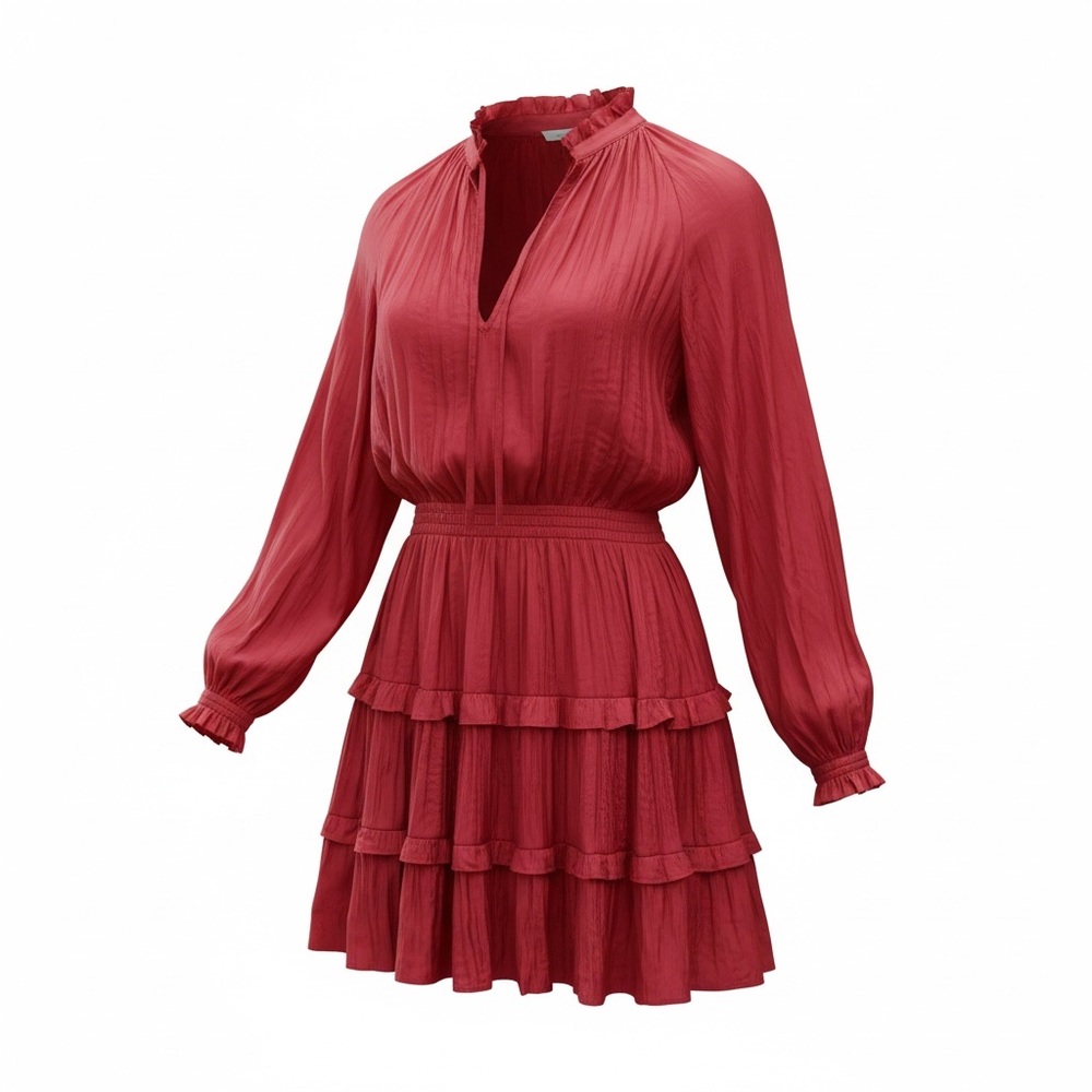Maje Red Mini Dress | Smocked Waist |Long Sleeve | Tiered Skirt | Size 36 US S - Picture 5 of 6